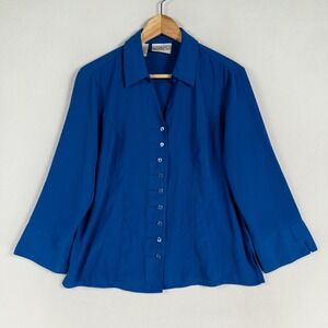Kathy Che Shirt Blouse Womens Sz Medium Royal Blue Button Up 3/4 Sleeve Classic